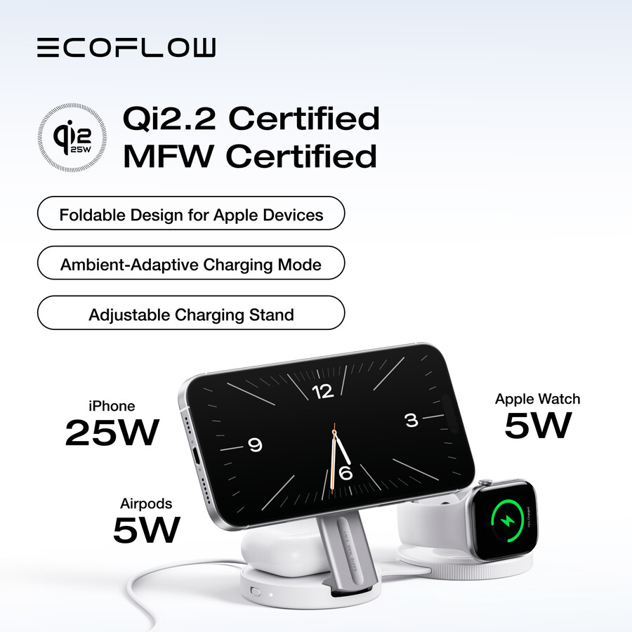 estación de carga inalámbrica ecoflow rapid mag qi2.2 3 en 1 plegable